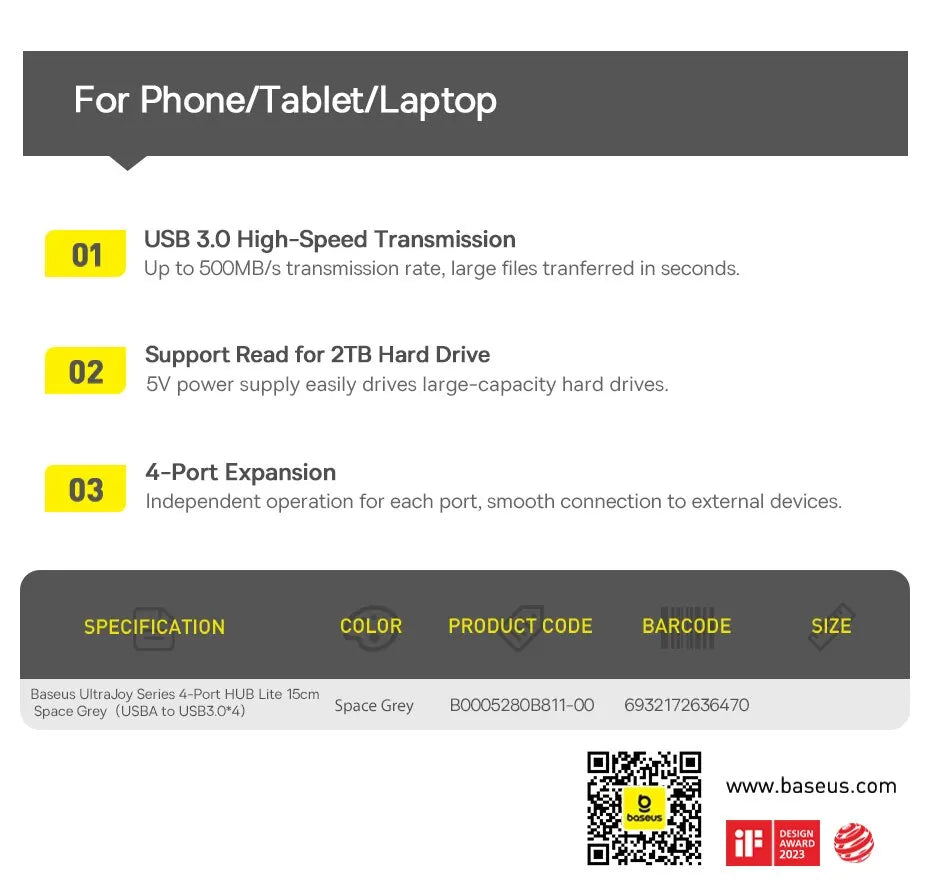 Hub USB 3.0 Baseus – 4 Ports Ultra-Rapides