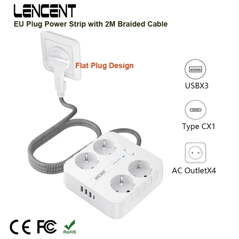 🔌 Multiprise LENCENT 4 Prises + 3 USB + 1 Type-C