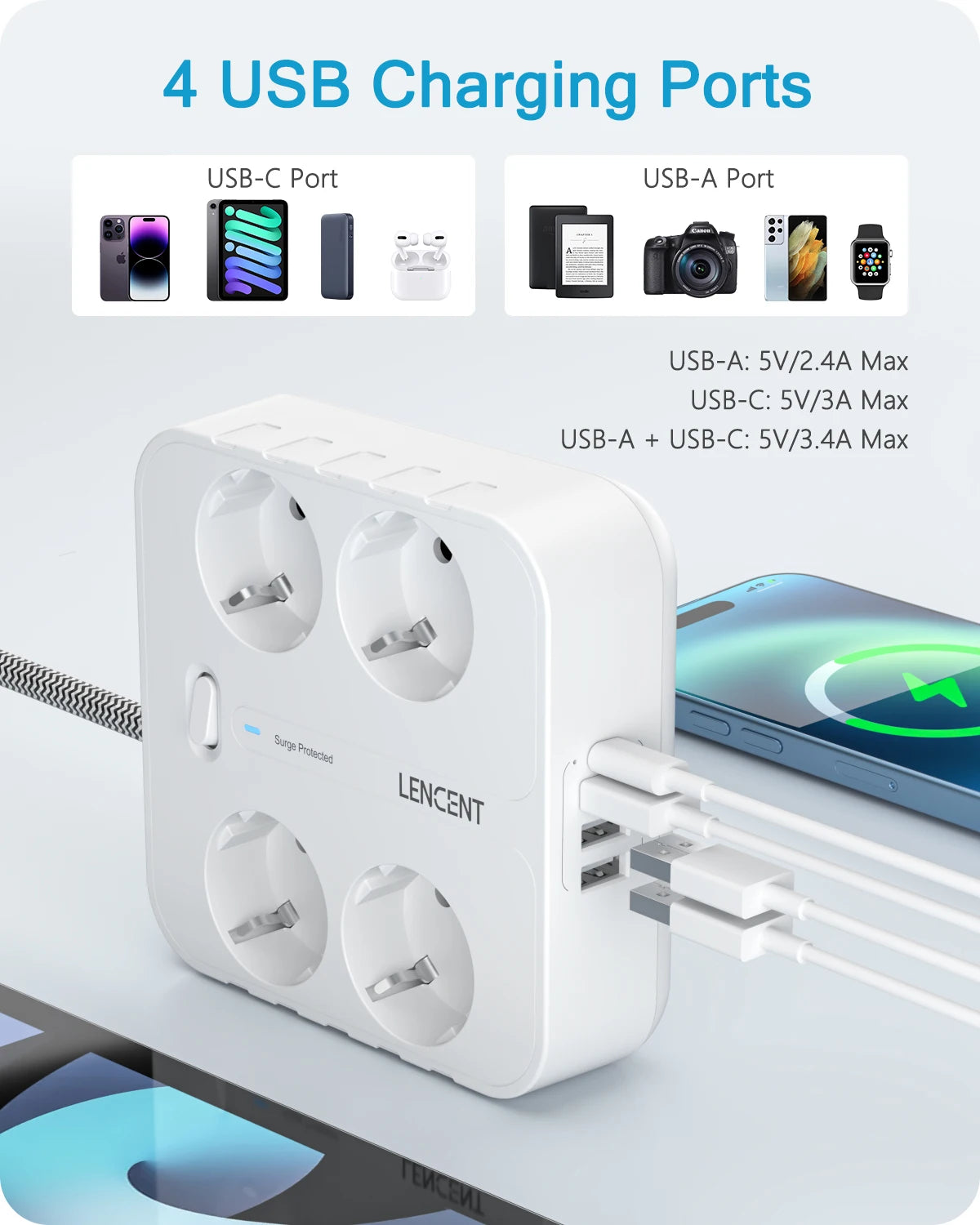 🔌 Multiprise LENCENT 4 Prises + 3 USB + 1 Type-C