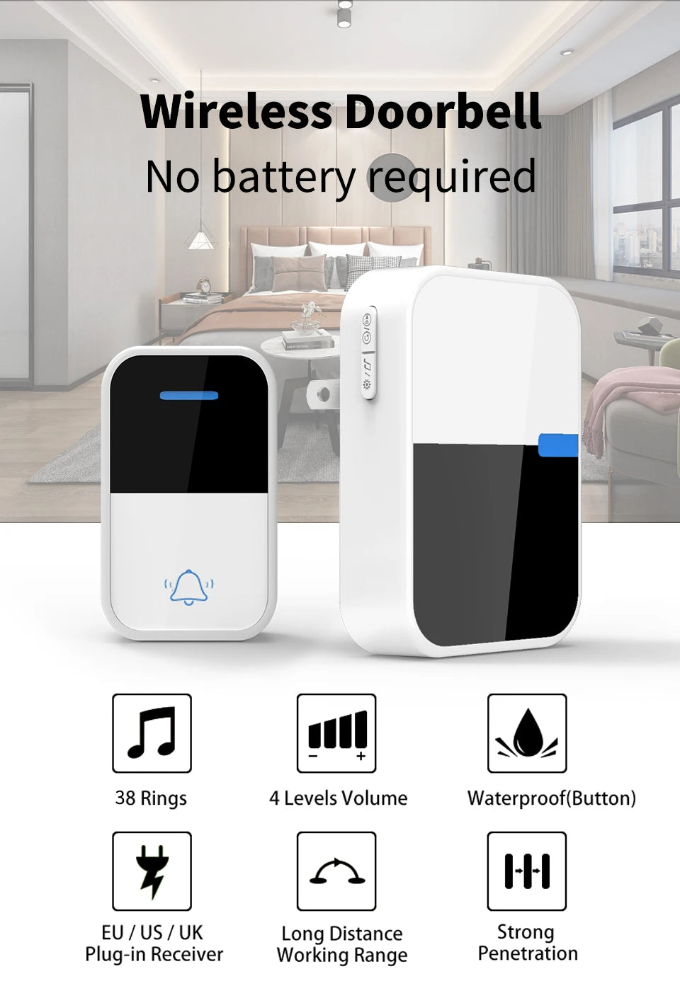 🔔 Sonnette Sans Fil Extérieure Auto-Alimentée