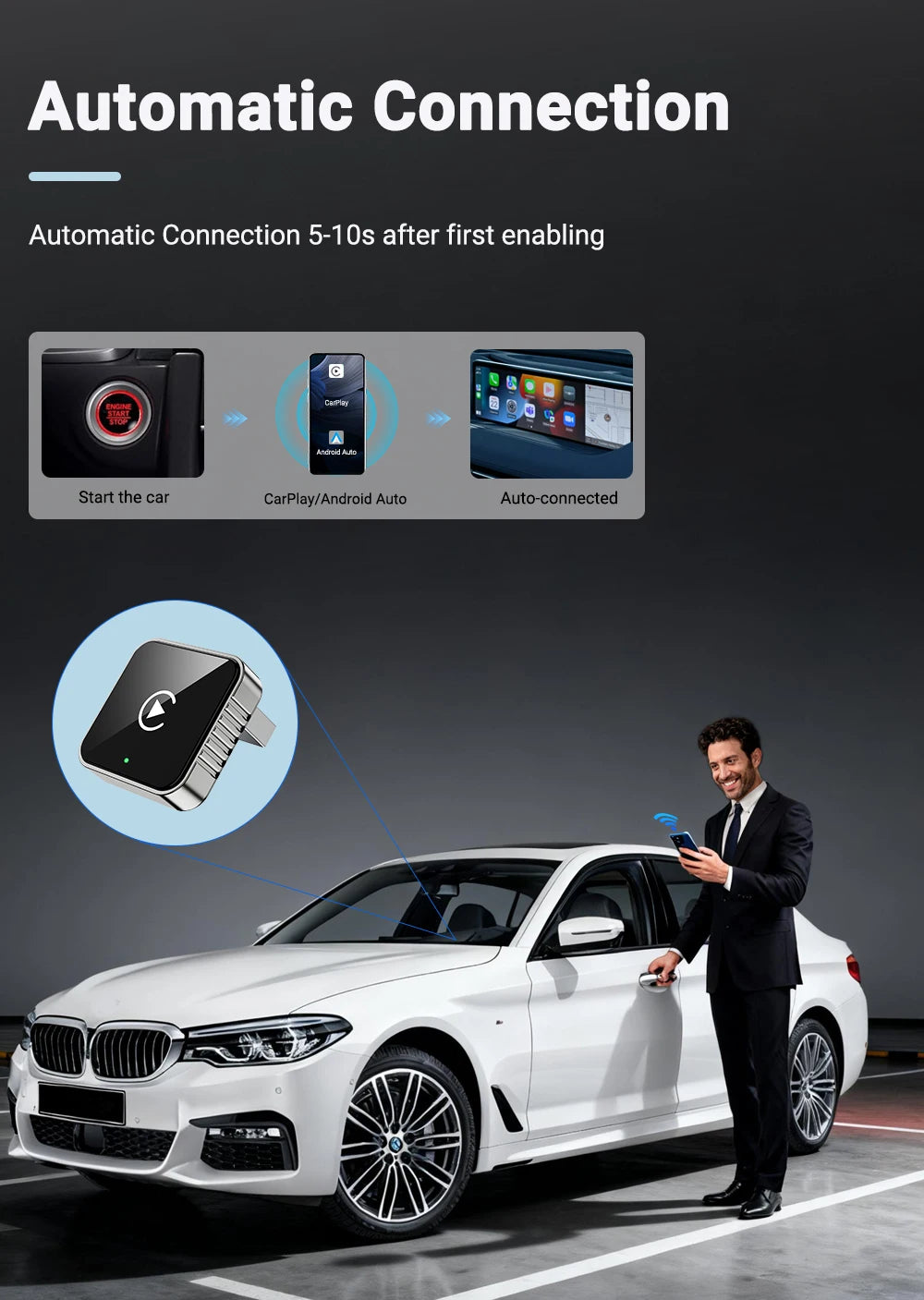 Adaptateur CarPlay & Android Auto Sans Fil – 2 en 1, Compact & Facile à Utiliser