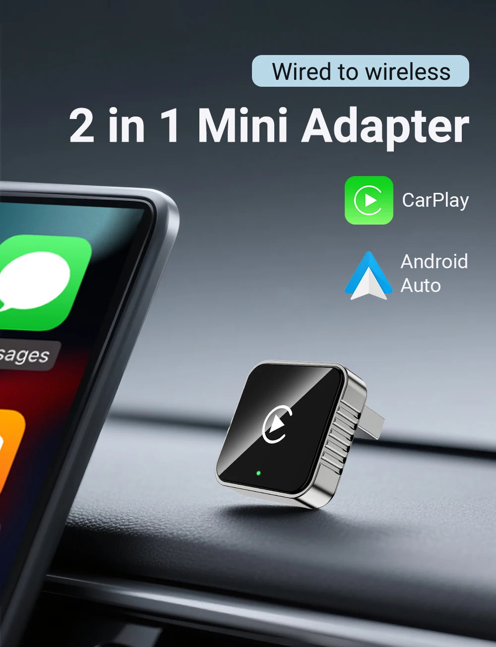 Adaptateur CarPlay & Android Auto Sans Fil – 2 en 1, Compact & Facile à Utiliser